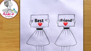 Best friend ❤pencil sketch  step by step very easyhow to draw friendship day drawing bff drawing [upl. by Lenad]