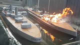 Wooden Model Ship On Fire And Sinking Battleship Dreadnought Versus Battleship Espana [upl. by Hutchison565]