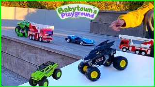 Racing Toy Cars Trucks Firetrucks and Batmobile on Ramps Kids Video [upl. by Feodora]