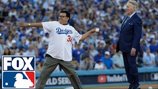 Vin Scully Fernando Valenzuela throw out 1st pitch before Game 2  2017 MLB Playoffs  FOX MLB [upl. by Nedia]