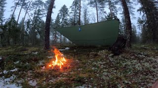 Setting a tarp amp a campfire Cooking in Finnish wilderness [upl. by Atteloiv735]