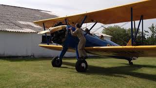 Boeing Stearman PT17 Engine Startup Inertia Starter [upl. by Ellerol]