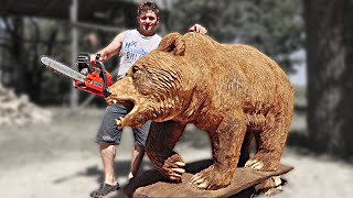 REAL SIZE WOODEN BEAR amazing chainsaw wood carving [upl. by Nire]