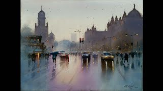 Watercolour Landscape Painting  Rainy Cityscape  Mumbai  After Rain  Ganesh Hire [upl. by Anamuj652]