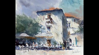 Watercolor Cityscape Loose Painting I Watercolor Demo I Cafe scene  PART 1   Suluboya Manzara [upl. by Geis284]