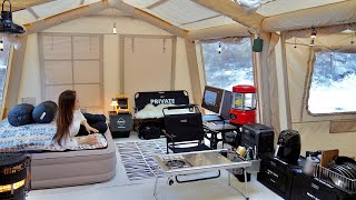 10°C winter camping in the snow in an inflatable tent with balcony [upl. by Ecirad806]