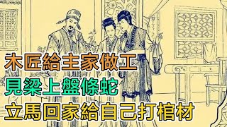 民間故事：木匠給主家做工，見梁上盤條蛇，立馬回家給自己打棺材 [upl. by Akaenahs]