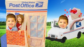 Caleb is a MAILMAN PRETEND PLAY with MOMMY in NEW POST OFFICE TOY Kids LEARN ABOUT Sending MAIL [upl. by Olenta547]