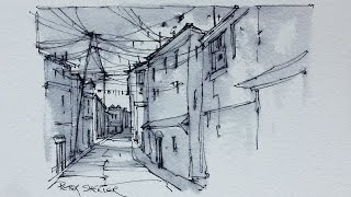 An Alley Sketch using Water Soluble Ink with Fountain Pen and Water Brush [upl. by Sherman]