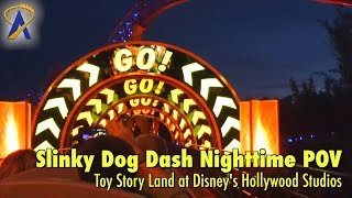 Slinky Dog Dash Roller Coaster FULL Nighttime POV in Toy Story Land [upl. by Annaik]