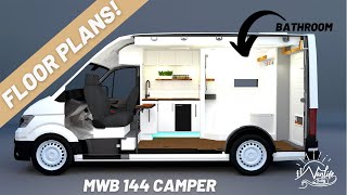 Camper Van Blue Prints MWB 144  FULL BATHROOM and FIXED BED in a Small Camper  Vanlife Builds [upl. by Nena521]