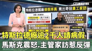 馬斯克震怒！特斯拉德廠逾2千人請病假「高同行3倍」 主管家訪惹反彈｜主持人：劉姿麟｜華視國際線，出發！｜華視新聞 20241005 CtsTw [upl. by Lebama92]