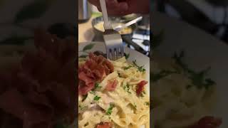 Special tagliatelle carbonara cremosa with ￼￼crispy Parma ham [upl. by Joannes]