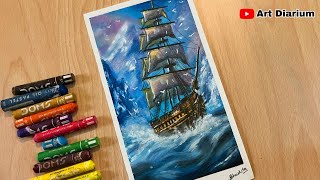 Oil Pastel Art  Drawing a Ship in a Stormy Night Sea  STEP by STEP [upl. by Ahsinroc]