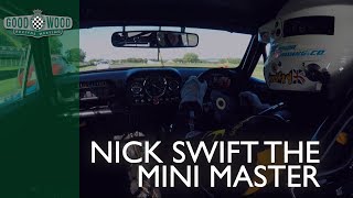 Onboard incredible Mini Marcos battle with Nick Swift at Goodwood Revival [upl. by Eiuol]