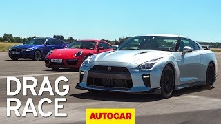 Litchfield Nissan GTR vs BMW M5 vs Porsche 911 Turbo S drag race  Autocar [upl. by Acireh]