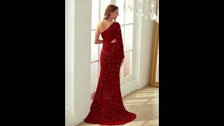 Velvet Sequins One Shoulder Long Sleeves Sweep Brush Train Dresses [upl. by London100]