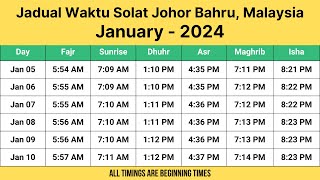 Johor Bahru Prayer Times January 2024  Jadual Waktu Solat Johor Bahru Malaysia [upl. by Ilehs]