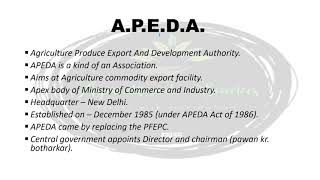 what is APEDA functions of APEDA Registration of APEDA Scheduled products of APEDA [upl. by Lenuahs298]