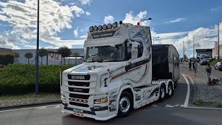 Truckshow Ciney 2024 Departure beautiful showtrucks V8 open pipes sounds [upl. by Sac]