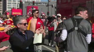 Brittany Mahomes grabs Chiefs flag as Patrick Mahomes shows off the dad bod on the parade route [upl. by Asselam]