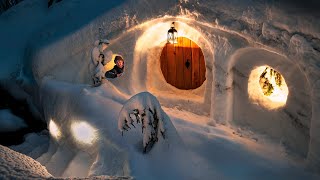 Building a Giant SNOW DUGOUT SHELTER  Complete Build Warm Winter ShelterCamping in Deep Snow [upl. by Nnylhtak]