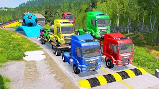 Double Flatbed Trailer Truck vs Speedbumps Train vs Cars BeamngDrive 007 [upl. by Avid]