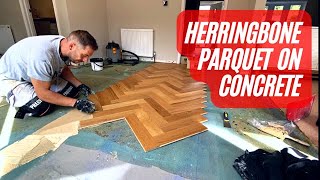 Herringbone Parquet flooring installation Gluing down on Concrete Full Tutorial Start to Finish [upl. by Kassel183]