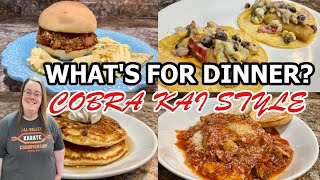 WHATS FOR DINNER  COBRA KAI THEMED RECIPES  BANANARAMA CHOCOLATE CHIP PANCAKES  HAMBURGER BUNS [upl. by Gisella]