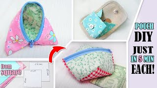 3 DIY SIMPLE POUCH IDEAS JUST FROM SQUARE FABRIC  Sew it Without Skills [upl. by Durer]