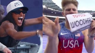 Hunter Woodhall wins Mens 400m T62 Paralympics Paris 2024 as Tara Davis Woodhall cheered him [upl. by Tibold]