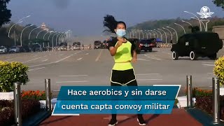 Se viraliza video de mujer haciendo ejercicio durante golpe de Estado en Birmania [upl. by Nezah]