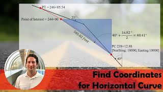 Find Coordinates Northing Easting for Horizontal Curve  Example Problem for Point on Curve [upl. by Anaitsirk]