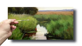 How to paint a landscape in oil Beginners painting tutorial  Full Painting Step by Step [upl. by Virgie]