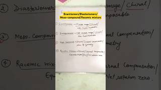 Enantiomers Diasteriomers Mesocompound Racemic mixture goc neet chemistry shorts ncert [upl. by Stratton224]