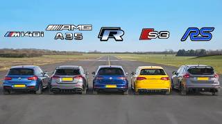 AMG A35 v BMW M140i v Golf R v Audi S3 v Focus RS  DRAG RACE ROLLING RACE amp BRAKE TEST [upl. by Eupheemia]