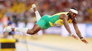 Mondiaux dathlétisme  Limprobable saut en longueur dun Jamaïcain en mode Superman [upl. by Adnauqal]