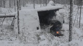 Bushcraft Winter Camping  Natural Shelter in Windy Snowy Conditions [upl. by Odnesor]