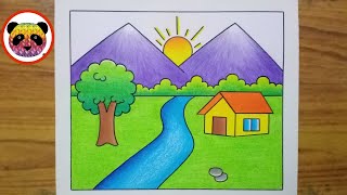 Scenery Drawing  How to Draw Beautiful Landscape Scenery  Village Scenery Drawing Easy  Scenery [upl. by Nichols]