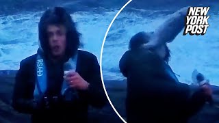 WATCH Fish hits weatherman in the face amid Norway’s worst storm in 30 years [upl. by Gorlin301]