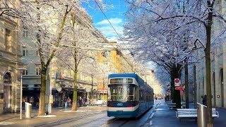 Zurich Bahnhofstrasse Snow  Sun walk ❄️ ☀️ Beautiful 4K Winter Walking Tour Switzerland 🇨🇭 2024 [upl. by Miru785]