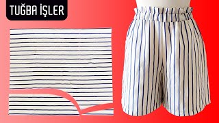 Very Easy Paperbag Belted Short Cutting and Sewing  Tuğba İşler [upl. by Hibbs]