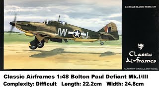 Classic Airframes 148 Bolton Paul Defiant MkIIII Kit Review [upl. by Eelitan681]