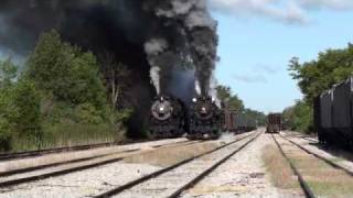 Pere Marquette 1225 and Nickel Plate Road 765 run side by side [upl. by Heidie593]