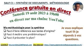 DALF C1  Synthèse de documents  Méthodologie  Conférence en direct  Samedi 19 août à 19h00 [upl. by Amisoc150]