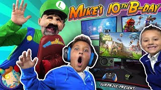 MIKES BIRTHDAY SURPRISE from MARIO BROS New Gaming Setup FUNnel Fam Luigi Vision [upl. by Otilopih149]