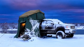 Camping In Snow Storm With Rooftop Tent And Diesel Heater [upl. by Siberson]