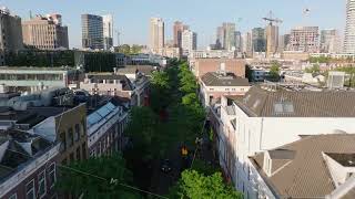 High angle view of a tree lined street in Rotterdam capturing the modern skyline and city life with [upl. by Aicargatla]