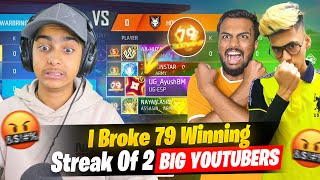 First Time Broke 79 Winning Streak 😱 2 V Badge Youtuber Vs Aditech 🤬 गुस्सा हो गए  Free Fire Max [upl. by Notwen]