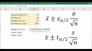 Confidence Interval for mean in Excel z amp t summary values [upl. by Portwine]